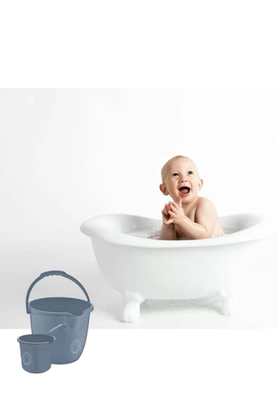 2’li Bebek Banyo Su Kovası ve Maşrapası Seti, Saplı Oluklu Kova 13lt ve Maşrapa 1,5lt Set Mavi - Resim 4