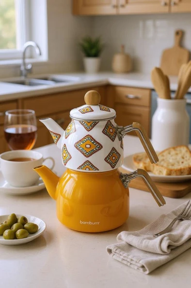 Bambum Unique - Bambu Kulplu Emaye Çaydanlık Takımı Hardal ürün görseli