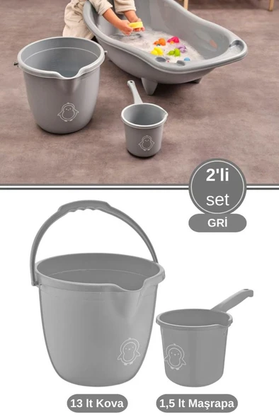 2’li Bebek Banyo Su Kovası ve Maşrapası Seti, Saplı Oluklu Kova 13lt ve Maşrapa 1,5lt Set Gri ürün görseli 1