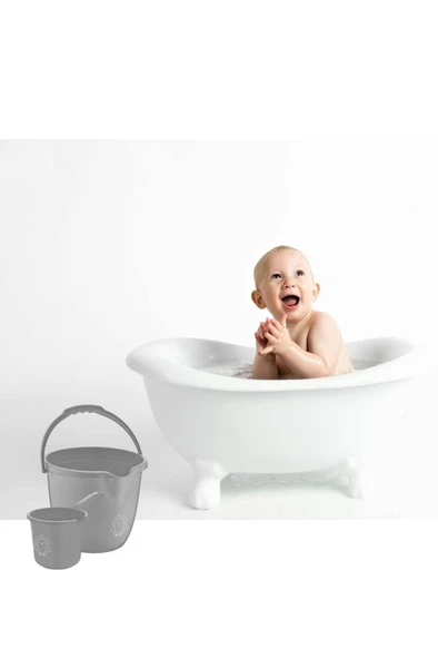 2’li Bebek Banyo Su Kovası ve Maşrapası Seti, Saplı Oluklu Kova 13lt ve Maşrapa 1,5lt Set Gri - Resim 4