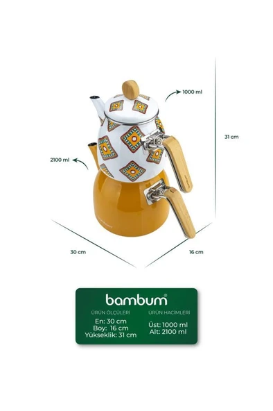 Bambum Unique - Bambu Kulplu Emaye Çaydanlık Takımı Hardal - Resim 4