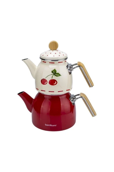Bambum Unique - Bambu Kulplu Emaye Çaydanlık Takımı Cherry - Resim 3