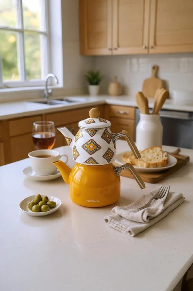 Bambum Unique - Bambu Kulplu Emaye Çaydanlık Takımı Hardal - Resim 2