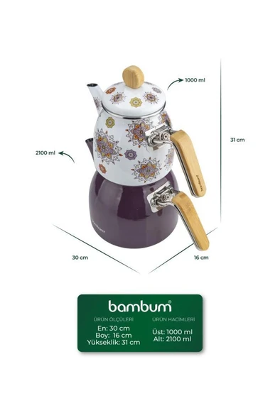 Bambum Unique - Bambu Kulplu Emaye Çaydanlık Takımı Mor - Resim 6