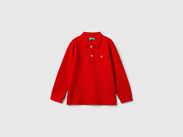 Erkek Bebek Kırmızı Logolu Uzun Kol Polo T-Shirt %100 PAMUK