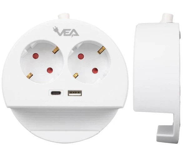 VEA VE-G1102C Yuvarlak Grup Priz 2'Lİ USB + TYPE-C Girişli Telefon Standlı 1.5 Metre - Resim 6