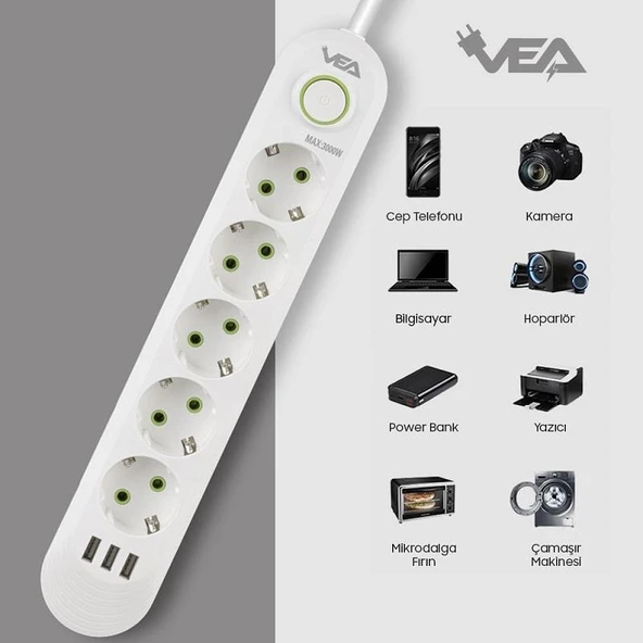 VEA VA-21562 Beyaz Akım Korumalı Grup Priz 5'Li 3 USB Girişli 1.5 Metre Anahtarlı - 5
