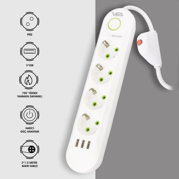 VEA VA-21560 Beyaz Akım Korumalı Grup Priz 4'Lü 3 USB Girişli 1.5 Metre Anahtarlı - 6