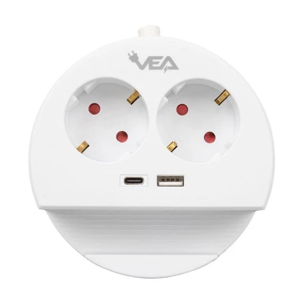 VEA VE-G1102C Yuvarlak Grup Priz 2'Lİ USB + TYPE-C Girişli Telefon Standlı 1.5 Metre - Resim 2