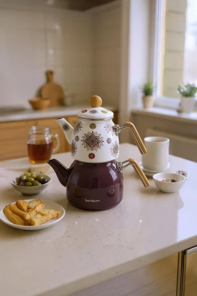 Bambum Unique - Bambu Kulplu Emaye Çaydanlık Takımı Mor - Resim 3