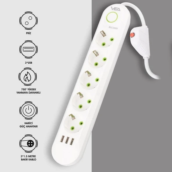 VEA VA-21562 Beyaz Akım Korumalı Grup Priz 5'Li 3 USB Girişli 1.5 Metre Anahtarlı - 6