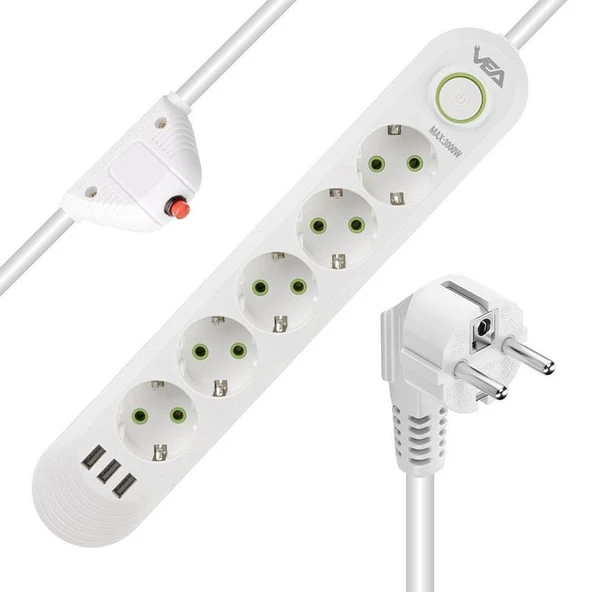 VEA VA-21562 Beyaz Akım Korumalı Grup Priz 5'Li 3 USB Girişli 1.5 Metre Anahtarlı - 2