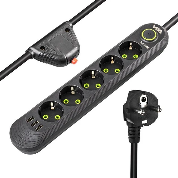 VEA VA-21561 Siyah Akım Korumalı Grup Priz 5'Li 3 USB Girişli 1.5 Metre Anahtarlı - 2