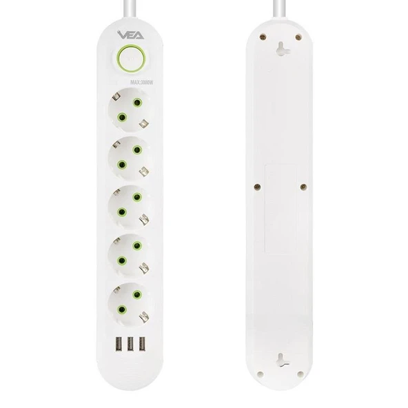 VEA VA-21562 Beyaz Akım Korumalı Grup Priz 5'Li 3 USB Girişli 1.5 Metre Anahtarlı - 4