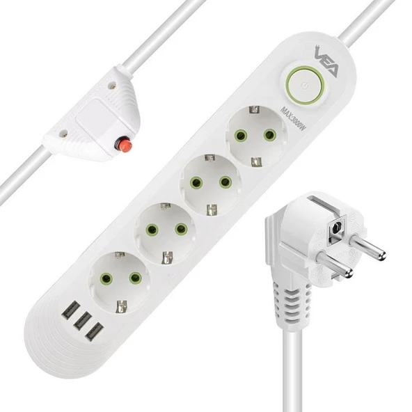VEA VA-21560 Beyaz Akım Korumalı Grup Priz 4'Lü 3 USB Girişli 1.5 Metre Anahtarlı - 2