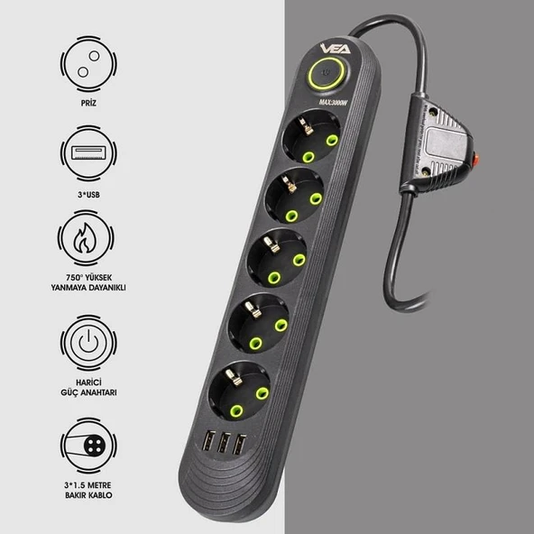 VEA VA-21561 Siyah Akım Korumalı Grup Priz 5'Li 3 USB Girişli 1.5 Metre Anahtarlı - 6