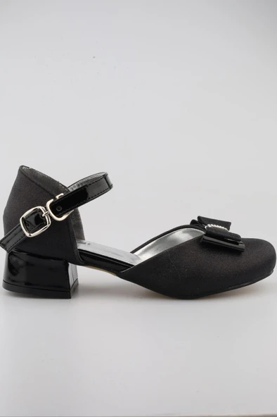 Kız Çocuk Siyah Abiye Simli Kum Detaylı Fiyonklu Ayakkabı