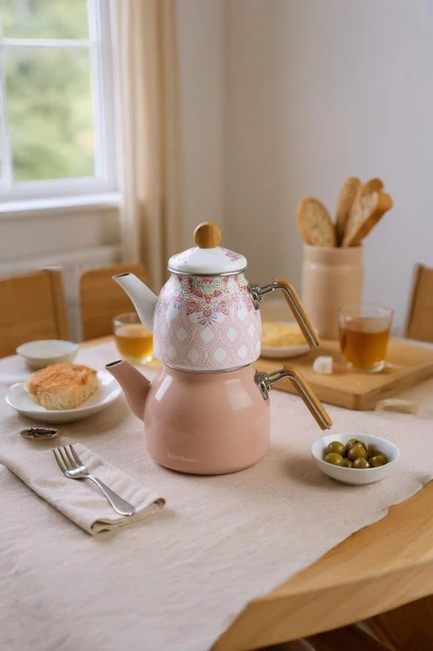 Bambum Unique - Bambu Kulplu Emaye Çaydanlık Takımı Pembe - Resim 2