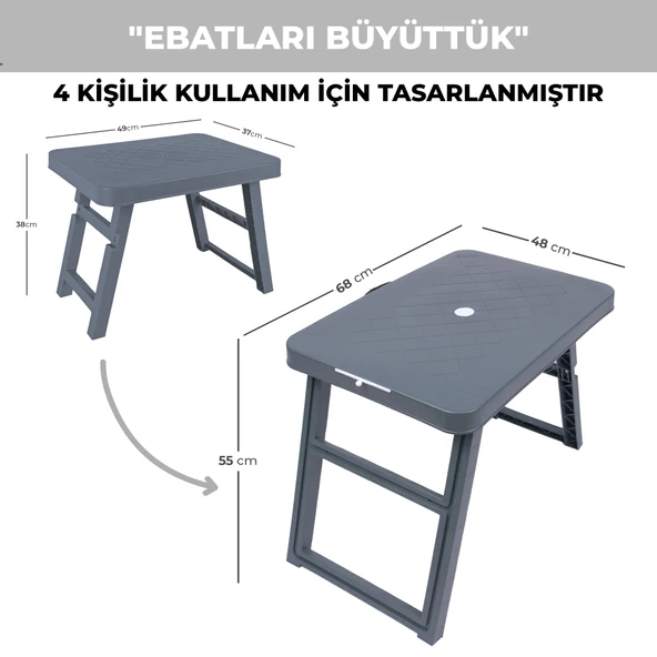 Pikas Büyük Boy Katlanabilir Taşıma Kulplu Portatif Plastik Kamp Ve Balkon Sehpası ( 68X48X55 cm ) - 10