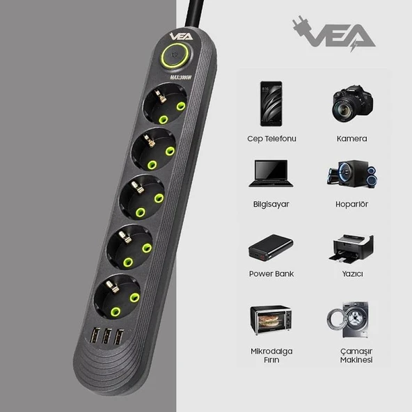 VEA VA-21561 Siyah Akım Korumalı Grup Priz 5'Li 3 USB Girişli 1.5 Metre Anahtarlı - 5