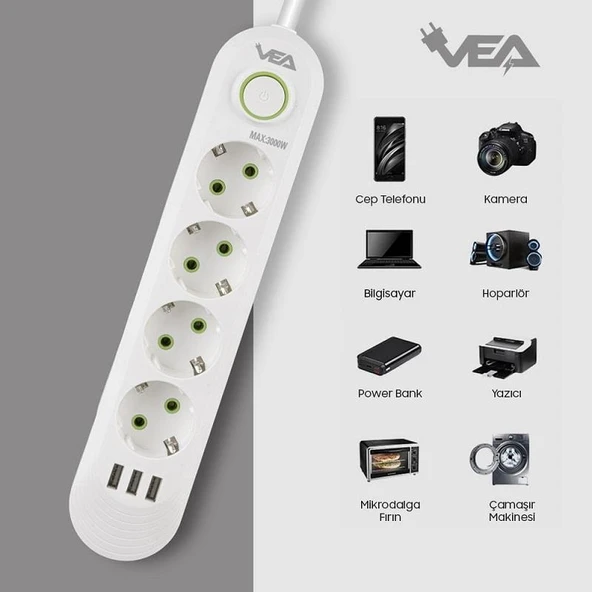 VEA VA-21560 Beyaz Akım Korumalı Grup Priz 4'Lü 3 USB Girişli 1.5 Metre Anahtarlı - 5