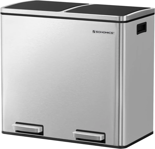 SONGMICS 2 Bölmeli Atık Ayırma Sistemli Pedallı Çöp Kovası, Atık Kovası, Mutfak İçin, 2 x 24 L, Yumuşak Kapanmalı, Plastik İç Kova, Pedallı ve Kulplu, Gümüş Rengi, Ltb48Nl