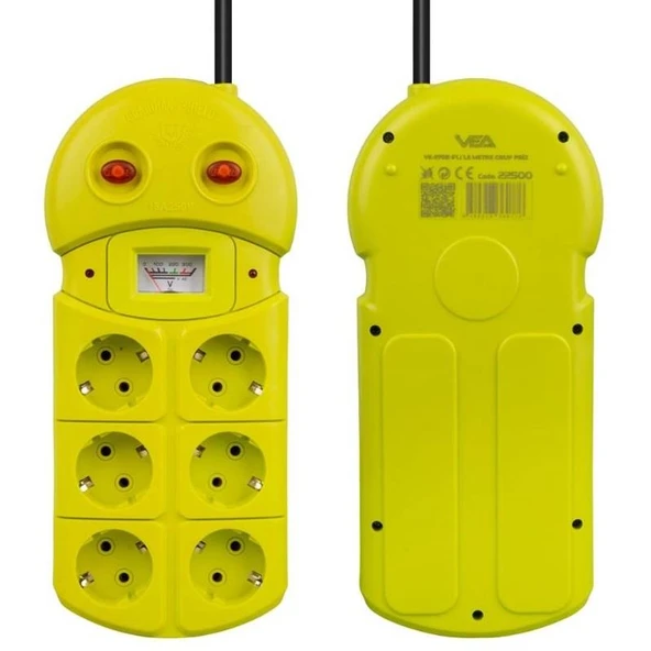 VEA VE-970B Akım Korumalı Grup Priz 6'Lı 2 USB Girişli 1.5 Metre 2 Anahtarlı Analog Voltmetreli - 2