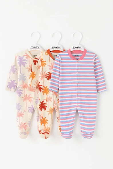 Toontoy Unisex Çok Desenli 3 Lü Patikli Tulum
