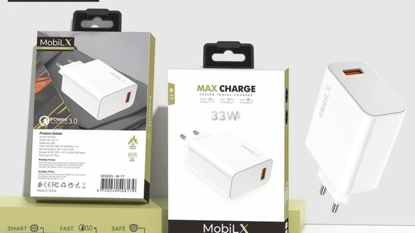 MobiLX M-17 33W Turbo Hızlı Şarj Adaptörü + Type-C USB Kablo | QC 3.0 Destekli - 5