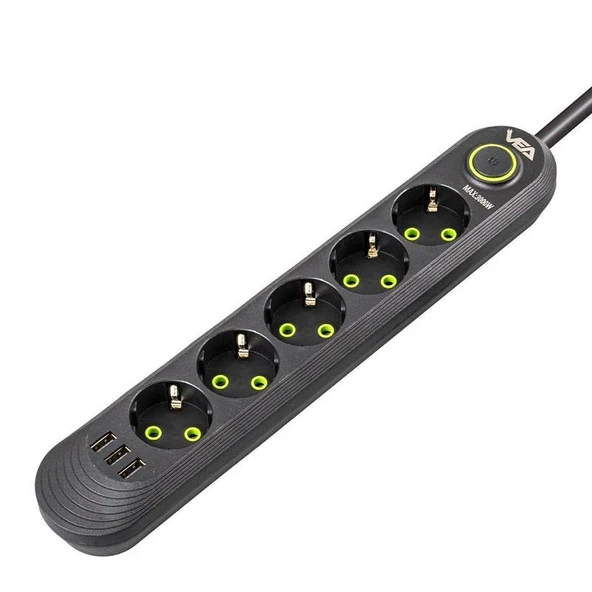 VEA VA-21561 Siyah Akım Korumalı Grup Priz 5'Li 3 USB Girişli 1.5 Metre Anahtarlı - 4