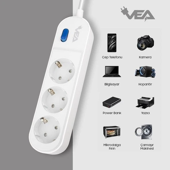 VEA VE-VEGA103 A Class Beyaz Akım Korumalı Grup Priz 3'Lü 1.5 Metre Anahtarlı (Made in Malaysia) - 3