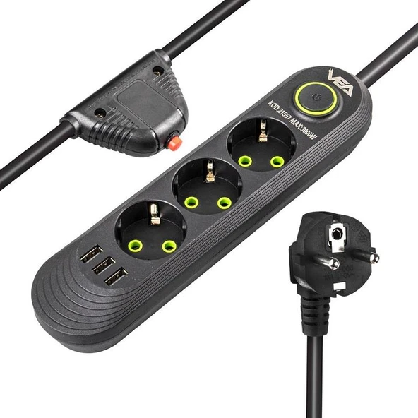 VEA VA-21557 Siyah Akım Korumalı Grup Priz 3'Lü 3 USB Girişli 1.5 Metre Anahtarlı - 2