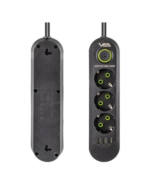 VEA VA-21557 Siyah Akım Korumalı Grup Priz 3'Lü 3 USB Girişli 1.5 Metre Anahtarlı - 4