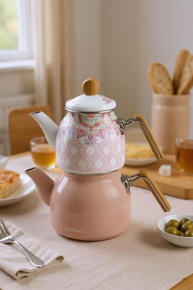 Bambum Unique - Bambu Kulplu Emaye Çaydanlık Takımı Pembe ürün görseli