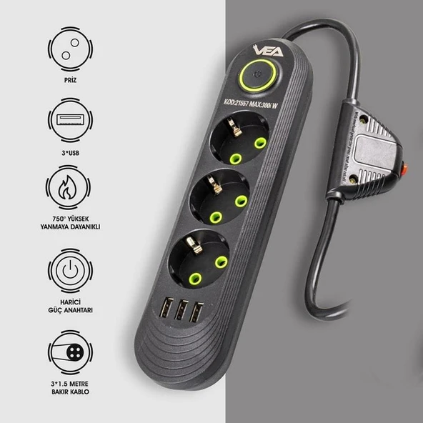 VEA VA-21557 Siyah Akım Korumalı Grup Priz 3'Lü 3 USB Girişli 1.5 Metre Anahtarlı - 5