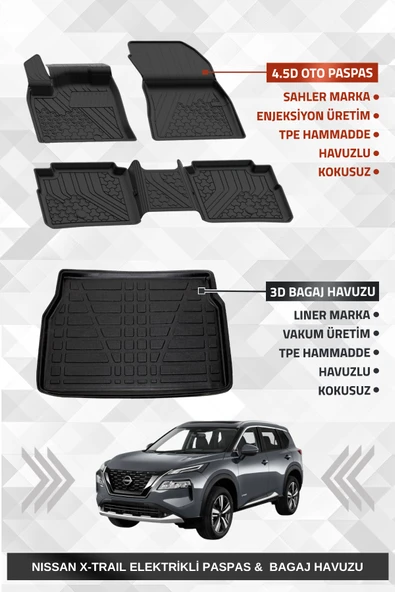 Sahler Nissan X-Trail Elektrikli 2022+ Uyumlu 4.5D Premium Havuzlu Oto Paspas ve Liner Marka 3D Bagaj Havuzu