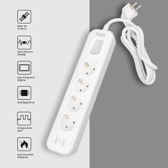 VEA VE-NOVA104 A Class Gri Akım Korumalı Grup Priz 4'Lü 1.5 Metre Anahtarlı (Made in Malaysia) - 5