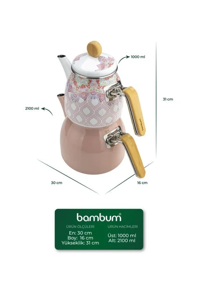 Bambum Unique - Bambu Kulplu Emaye Çaydanlık Takımı Pembe - Resim 5