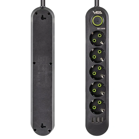 VEA VA-21561 Siyah Akım Korumalı Grup Priz 5'Li 3 USB Girişli 1.5 Metre Anahtarlı - 3