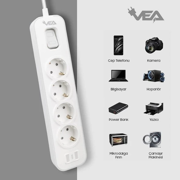 VEA VE-NOVA104 A Class Gri Akım Korumalı Grup Priz 4'Lü 1.5 Metre Anahtarlı (Made in Malaysia) - 4