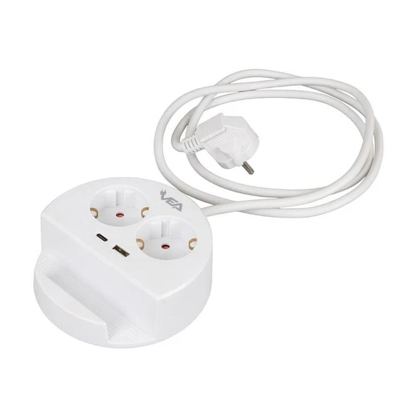 VEA VE-G1102C Yuvarlak Grup Priz 2'Lİ USB + TYPE-C Girişli Telefon Standlı 1.5 Metre ürün görseli 1