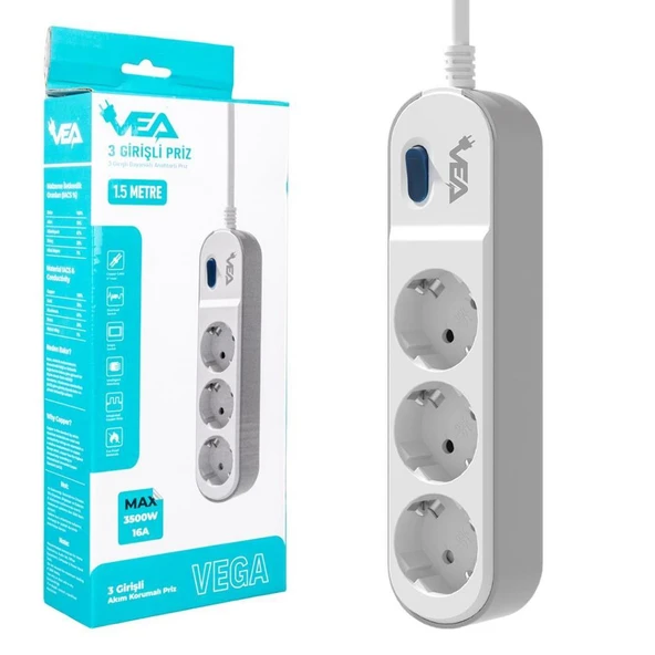 VEA VE-VEGA103 A Class Beyaz Akım Korumalı Grup Priz 3'Lü 1.5 Metre Anahtarlı (Made in Malaysia) - 2