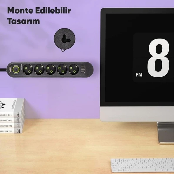 VEA VA-21561 Siyah Akım Korumalı Grup Priz 5'Li 3 USB Girişli 1.5 Metre Anahtarlı - 7
