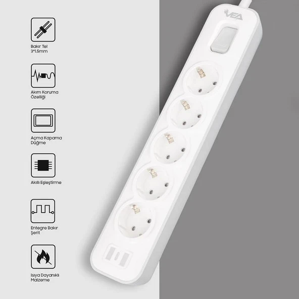 VEA VE-NOVA105 A Class Gri Akım Korumalı Grup Priz 5'Li 1.5 Metre Anahtarlı (Made in Malaysia) - 4