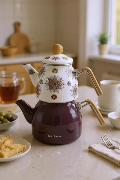 Bambum Unique - Bambu Kulplu Emaye Çaydanlık Takımı Mor - Resim 2