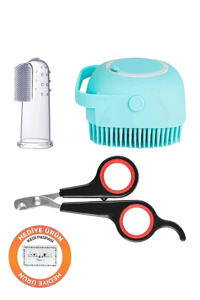 Kedi Köpek 3 lü Set Parmak Diş Fırçası, Silikon Evcil Hayvan Yıkama Fırçası, Kedi Tırnak Makası