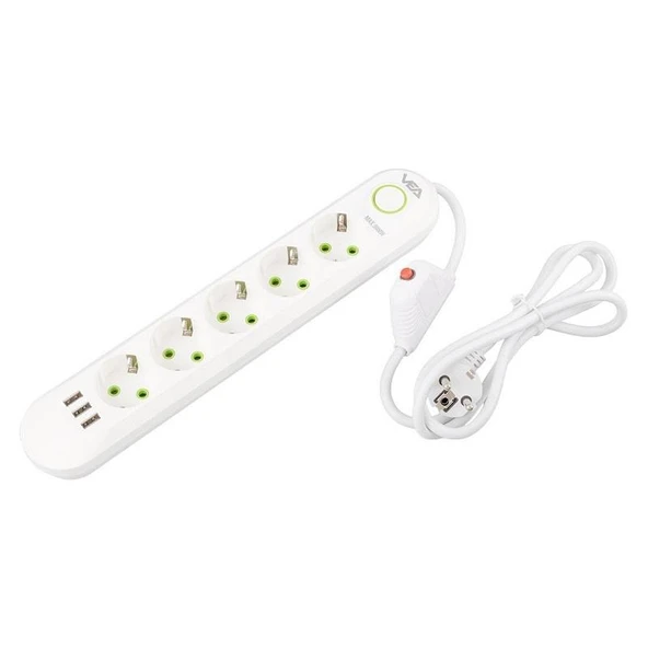 VEA VA-21562 Beyaz Akım Korumalı Grup Priz 5'Li 3 USB Girişli 1.5 Metre Anahtarlı - 1