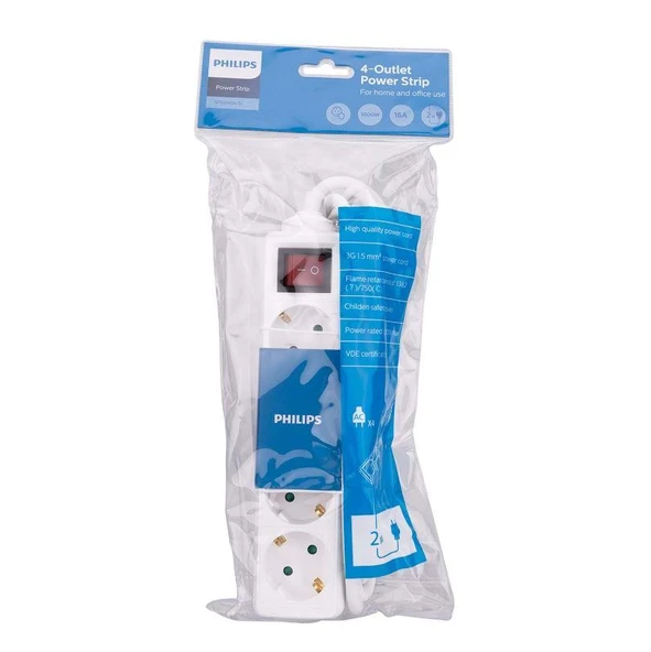 Philips 4'lü Çocuk Korumalı Uzatma Priz 2 Metre 3x1,5mm Beyaz Anahtarlı SPS1040A/51 - 1