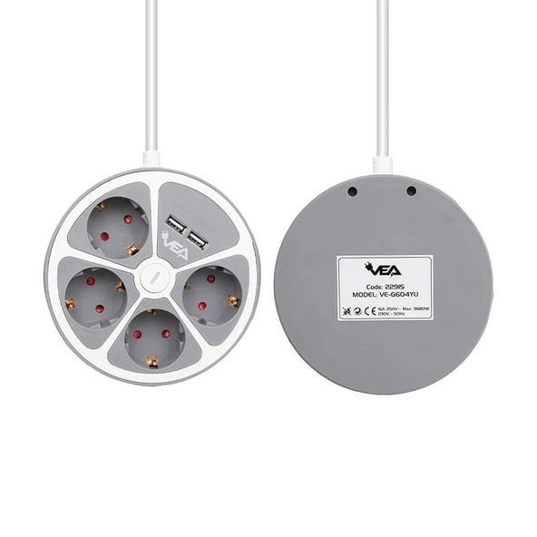 VEA VE-G604YU Yuvarlak Grup Priz 4'Lü 2 USB Girişli 1.5 Metre Anahtarlı - 3