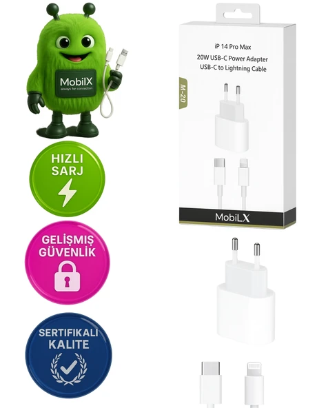 MobiLX M-20 20W iPhone 8–14 Pro Max Uyumlu Hızlı Şarj Adaptörü + USB-C to Lightning Kablo - 1